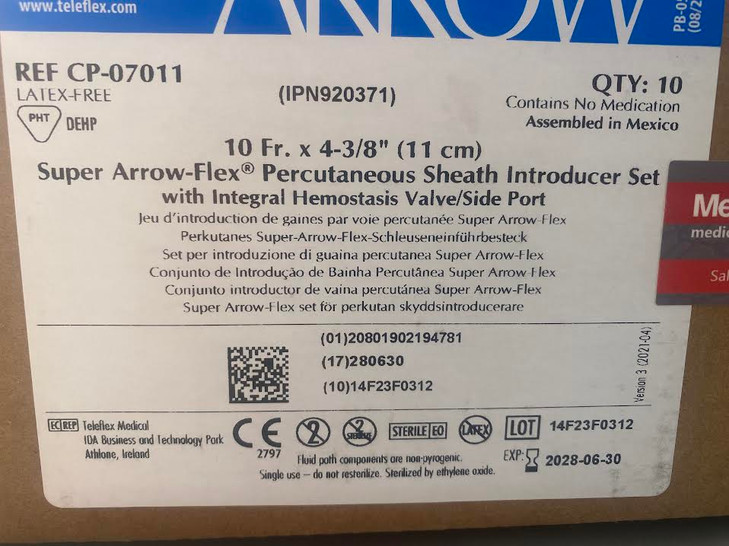 Cath Lab 10Fr. x 11cm Super Arrow-Flex Sheath Introducer Sets With Wire Guides - Box of 10