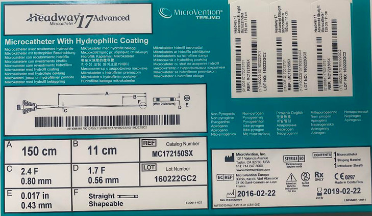 Microcatheter w/ Hydrophilic Coating. Headway17 Advanced Straight tip shape , ID 0.017",  Usable Length150cm OD 2.4Fr Prox. / Dista 1.7Fr.,  2 Tip Markers