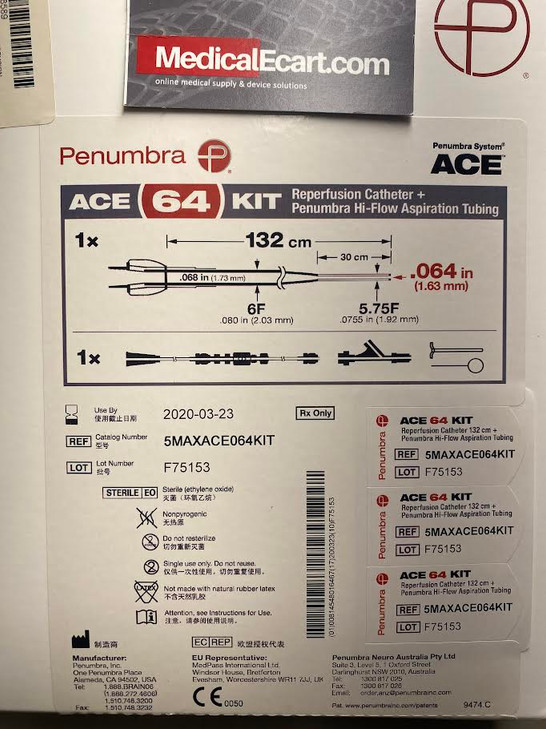 5MAXACE064KIT Penumbra ACE64 Kit Reperfusion. Catheter OD:6Fr., 132cm + Hi Flow Aspiration Tubing 1 each