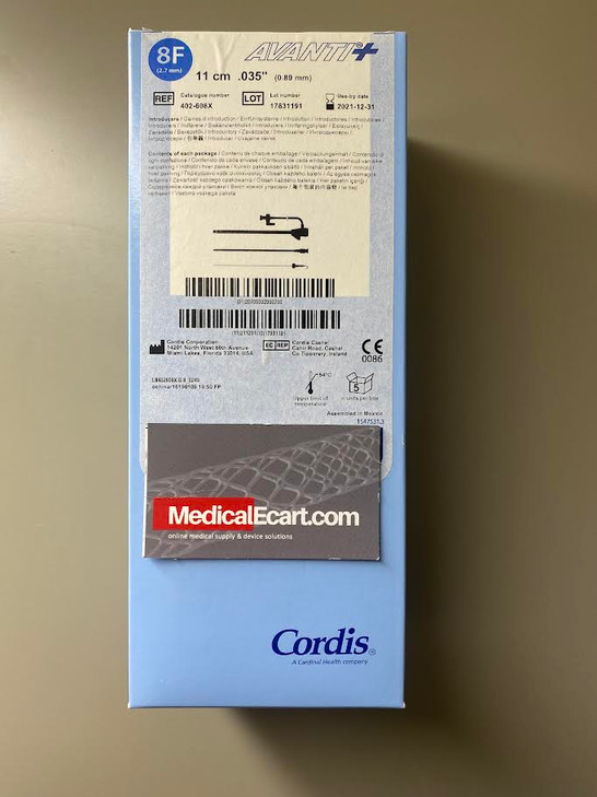 402-608X Cordis 8Fr. AVANTI® + Mid-Length Sheath Introducer with Mini-Guidewire, Fuschia, 0.035 x 11cm Cannula, 8Fr 402608X Box of 5