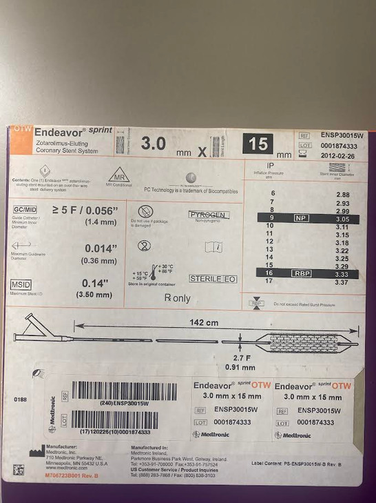 ENSP30015W 3.0X15 Endeavor OTW DES Endeavor Sprint RX Drug Eluting Stent
