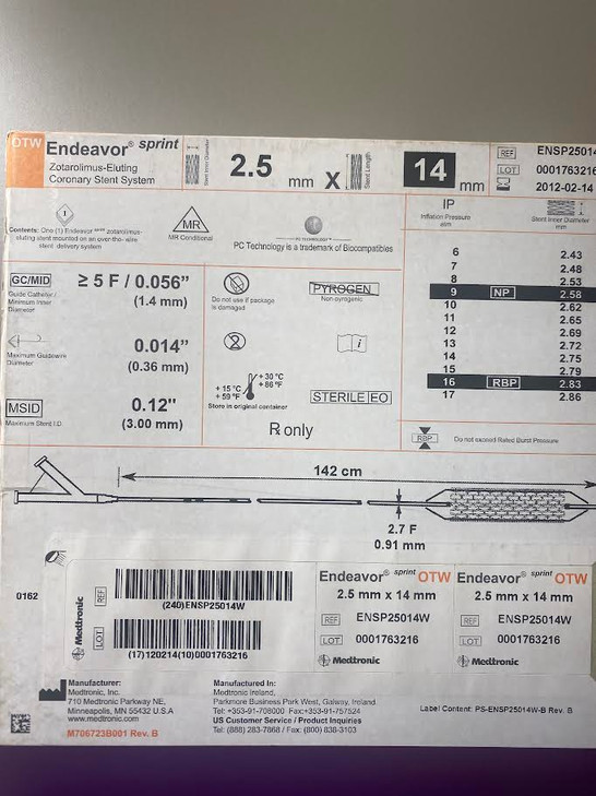 ENSP25014W 2.5X14 Endeavor OTW DES Endeavor Sprint RX Drug Eluting Stent