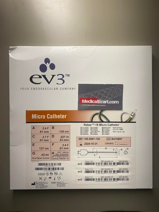 MEDTRONICS Rebar-18 MICRO CATH 105-5081-130 REBAR IR .018in REINFORCED MICRO CATHETER Proximal OD 2.7Fr Distal OD 2.4Fr, Distal ID 0.021", 135cm, usable Length 130cm. 1 each