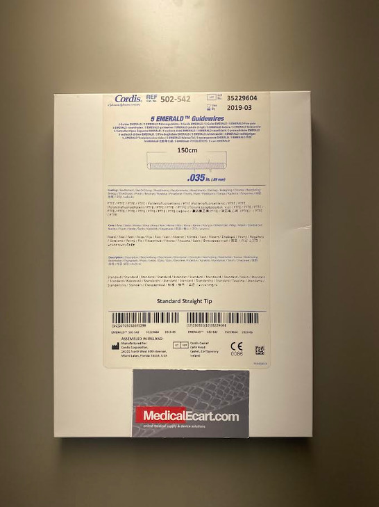 Cordis 502-542 Emerald 502542, Fixed-core PTFE Coated Wires .035 x 150 cm, Box of 5