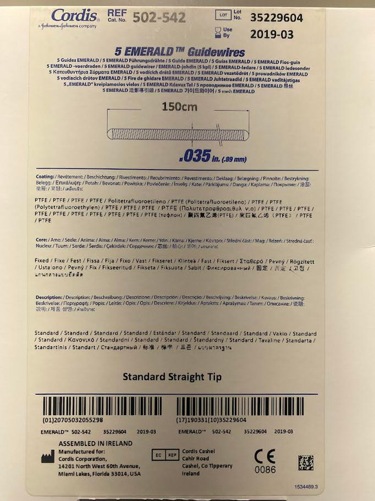 Cordis 502-542 Emerald 502542, Fixed-core PTFE Coated Wires .035 x 150 cm, Box of 5