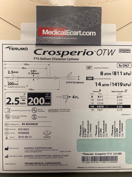 TERUMO BD-B25200LW CROSPERIO OTW 2.5mm x 200mm 150cm ™ OTW PTA Balloon Dilatation Catheter