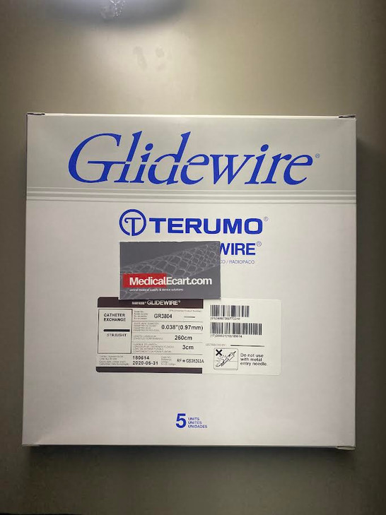 TERUMO GR3804 Glidewire® - Regular - Standard, straight tip, .038" diameter, 260 cm long, 3 cm flexible tip length. Box of 5