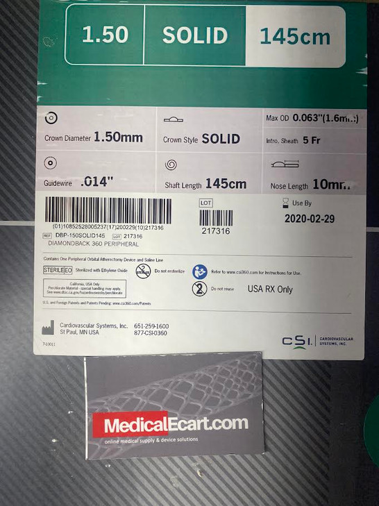 CSI Diamondback 360 (1.50mm Solid Crown)  5Fr. 1.50 Solid 145cm Diamondback 36O® System Solid Crown  ORBITAL ATHERECTOMY SYSTEM