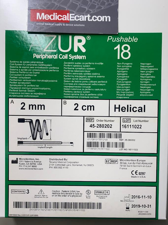 AZUR Helical Pushable 18P System 2mm x 2cm  HydroCoil Pushable .018" Product Box of 3 45-280202