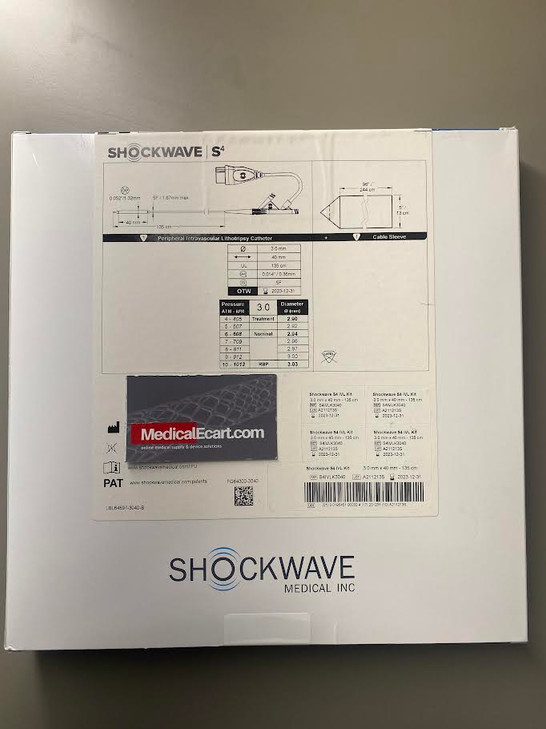 S4IVLK3040 Shockwave S4 Peripheral Intravascular Lithotripsy (IVL) Catheter 3.0mm X 40mm, Working Length 135cm, Box of 01