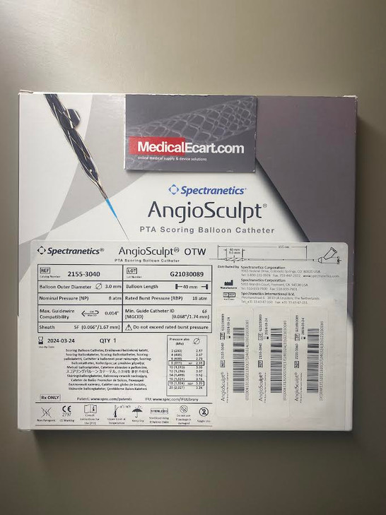 Spectranetics 2155-3040 AngioSculpt PTA Scoring Balloon Catheter, Balloon diameter 3 mm, Balloon length 40 mm, Sheath size 5F, Catheter length 155 cm, Guidewire compatibility 0.014", Box of 01