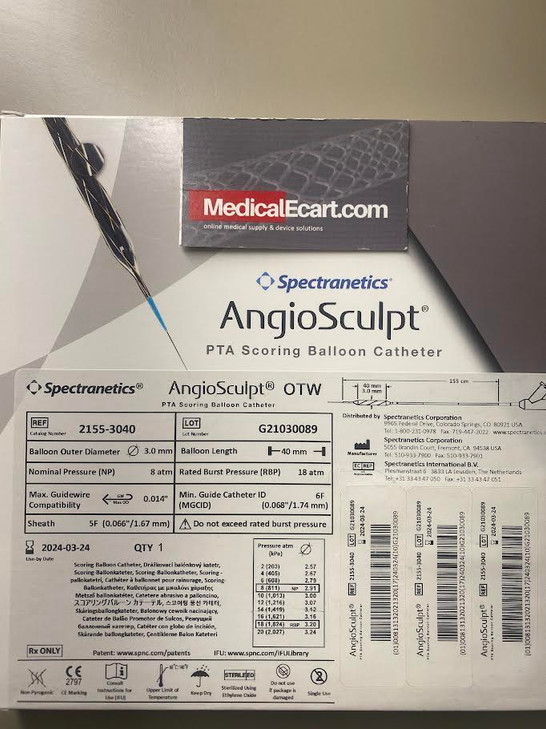 Spectranetics 2155-3040 AngioSculpt PTA Scoring Balloon Catheter, Balloon diameter 3 mm, Balloon length 40 mm, Sheath size 5F, Catheter length 155 cm, Guidewire compatibility 0.014", Box of 01