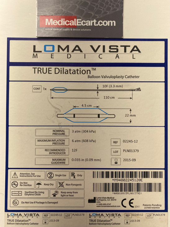 Loma Vista 22mmx4.5cm, 110cm Working Length,  RUE Dilatation Balloon Valvuloplasty Catheter 10Fr Catheter Shaft, .035” Recommended Guidewire, 3 atm, 6 atm, 27cc 02245-12