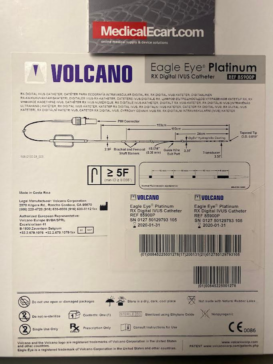 Eagle Eye® Platinum Catheter 5F (I.D. = .056”) 0.014 20mm 150cm 20MHz  IVUS CATHETER Compatible with Volcano Trak Back® II & R-100 pullback devices. 85900P