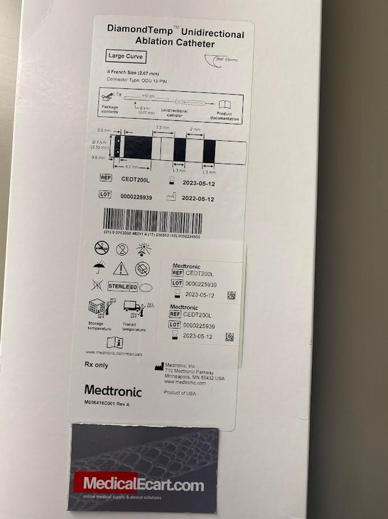 Unidirectional catheter Large Curve CEDT200L CE Diamond Temp Ablation Catheter Shaft size 8Fr 110cm long, Catheter tip electrode 4.1mm