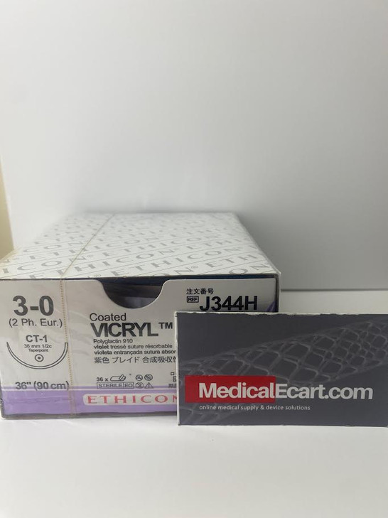 Ethicon J344H COATED VICRYL® (polyglactin 910) Suture, Taper Point, Absorbable, CT-1 36mm ½ Circle, Violet Braided 36" = 90cm, Size: 3-0, Box of 36