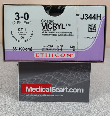 Ethicon J344H COATED VICRYL® (polyglactin 910) Suture, Taper Point, Absorbable, CT-1 36mm ½ Circle, Violet Braided 36" = 90cm, Size: 3-0, Box of 36