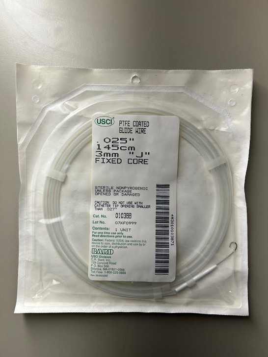 010388 BARD USCI PTFE COATED GUIDE WIRE 025i 45cm 3mm J FIXED CORE