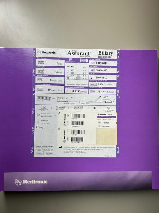 MEDTRONIC FB940F Medtronic Bridge Assurant Stent System Biliary Indication OTW 7F 9mm 36mm 80cm REF FB940F