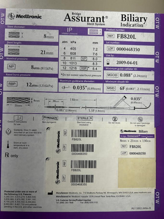 MEDTRONIC FB820L Medtronic Bridge Assurant Stent System Biliary Indication OTW 6F 8mm 21mm 130cm REF FB820L