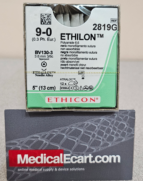 Ethicon 2819G ETHILON® Nylon Suture, Taper Point, Non-Absorbable, BV130-3 3.8mm 3/8 Circle, Black Monofilament 5" = 13cm, Size: 9-0, Box of 12