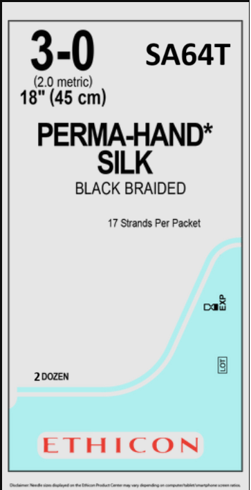 Ethicon SA64T PERMAHAND® Silk Suture, SUTUPAK Pre-Cut Sutures, Non-Absorbable, Black Braided 17-18" = 45cm, Size: 3-0, Box of 24