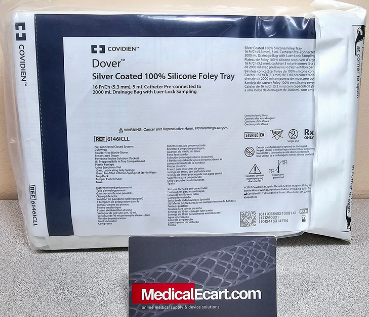 CARDINAL HEALTH 6146ICLL Dover™ Silver Coated 100% silicone Foley Tray 16 Fr, 5 mL catheter pre-attached to 2000 mL drainage bag with Luer-Lock sampling, 48 in tubing. (One Each)