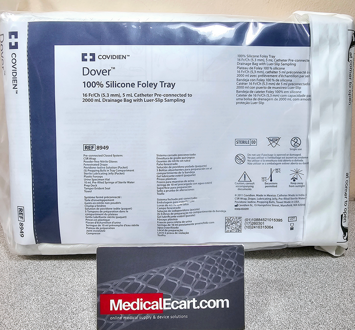 CARDINAL HEALTH 8949 Dover™ 100% silicone Foley Tray 16 Fr, 5 mL catheter pre-attached to 2000 mL drainage bag with Luer-Slip sampling, 48 in tubing. Case of 10