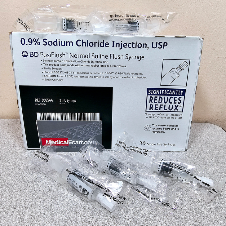 BBD 306544 PosiFlush™ Normal Saline Syringe, 3 mL, Pre-Filled, Sterile, Box of 30
