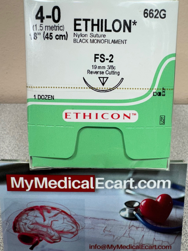 Ethicon 662G ETHILON™ Nylon Suture, Reverse Cutting, Non-Absorbable, FS-2 19mm 3/8 Circle, Black Monofilament 18" (45cm), Size 4-0, Box of 12