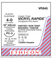 Ethicon VR845 VICRYL RAPIDE™ (Polyglactin 910) Suture, Precision Cosmetic Conventional Cutting PRIME, PC-3 16mm 3/8 Circle, Undyed Braided 18" (45cm), Size 4-0, Box of 12