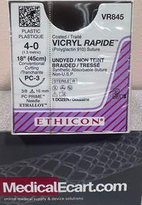 Ethicon VR845 VICRYL RAPIDE™ (Polyglactin 910) Suture, Precision Cosmetic Conventional Cutting PRIME, PC-3 16mm 3/8 Circle, Undyed Braided 18" (45cm), Size 4-0, Box of 12