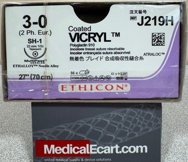 Ethicon J219H COATED VICRYL® (Polyglactin 910) Absorbable Surgical Suture, Taper Point SH-1 22mm ½ Circle, Undyed Braided 18" (45cm), Size 3-0, Box of 36