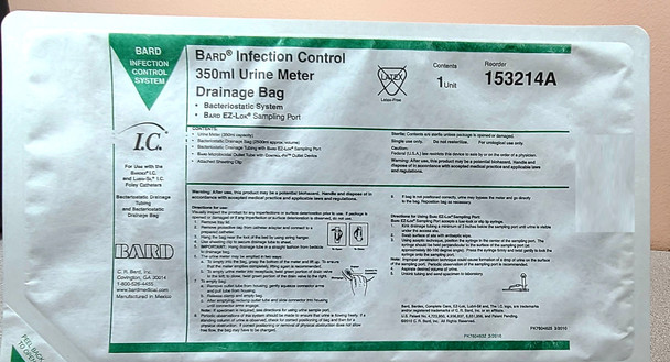 Bard 153214A BARD® Urine Meter Drainage Bag with Bacteriostatic Collection System, 350mL, Case of 10