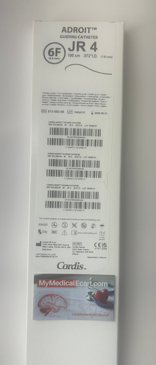 Cordis 67208200 ADROIT ® JR4 0.72" ID, PTFE Guiding Catheter, 100cm, 6Fr, Box of 01
