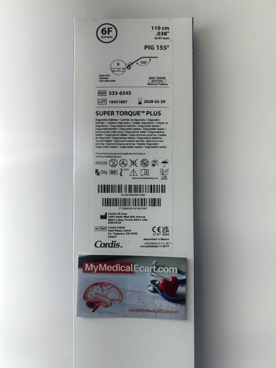 Cordis 533-654S SUPER TORQUE® Plus Diagnostic Catheter, 6Fr Pigtail 155° (6 Side Holes), 110cm, Box of 5