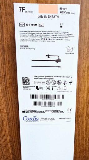 401-790M Cordis Brite Tip Sheath Introducers 7Fr x 90cm, 0.035" without mini-wire, Box of 02