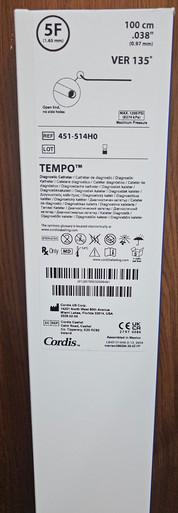 Cordis® 451-514H0 TEMPO® 5, 451514H0, Vertical (VER 135°), Coated Nylon Diagnostic Catheter, 5Fr X 0.038 in X 100 cm, Box of 05