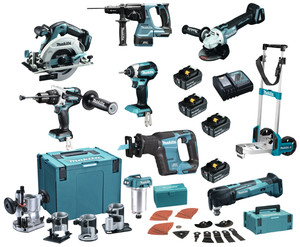 COMBOPACK LXT 18V: DHP481 + DTD153 + DHR243 + DGA506 + DHS680 + DTM51ZJX2 + DRT50ZJX3 + DJR188ZJ + 4X BL1850B + 1X DC18RC + MAKPAC + TROLLEY