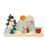 Snowman with Rabbits - Miniature Wooden Candleholder – wooden candleholder by Graupner Holzminiaturen