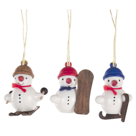 Three Tiny Winter Sports Snowmen Wooden German Ornaments – Christmas ornament by Claudia Lorenz
