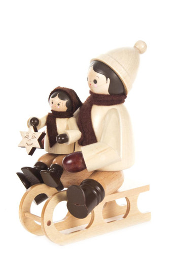 Winter Sledding Mom with Child Wooden German Large Figurine – Christmas ornament by Romy Thiel