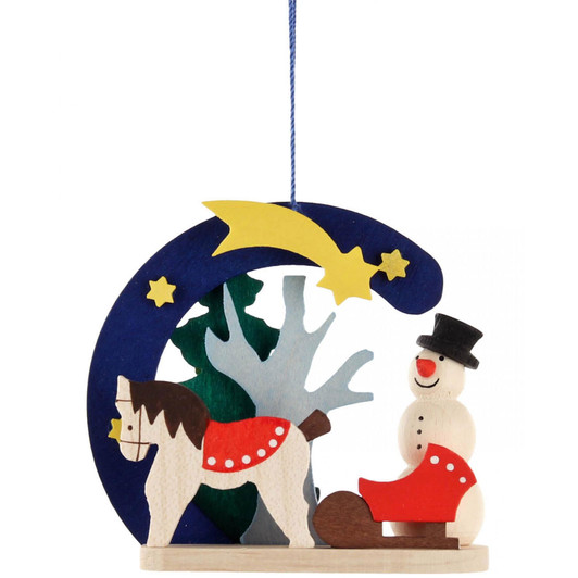 Snowman Christmas German Wooden Ornament with Pony Horse Sled – Christmas ornament by Graupner Holzminiaturen