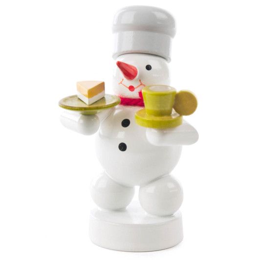 Snowman Baker Wooden Figurine with Coffee and Cake – Christmas ornament by Ralf Zenker