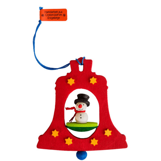 Red Bell Shaped Ornament - Snowman With Stars – Christmas ornament by Graupner Holzminiaturen