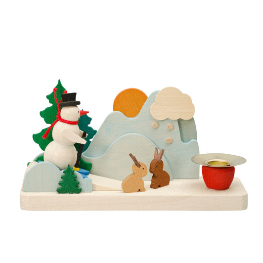 Snowman with Rabbits - Miniature Wooden Candleholder – wooden candleholder by Graupner Holzminiaturen