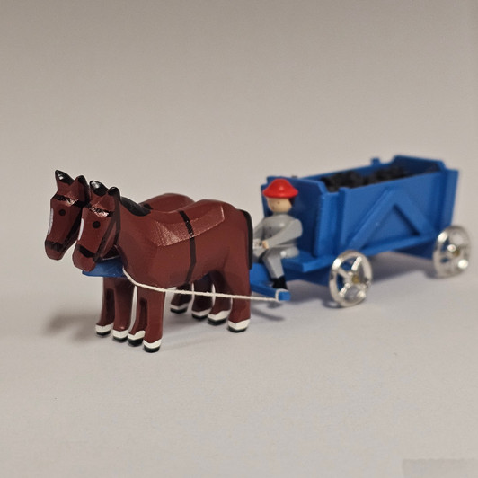 Horses Pulling Coal Blue Wagon - Wooden German Figurine – Christmas ornament by Volker & Heiko Flath