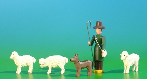 Shepherd and Dog with 3 Painted Sheep Handmade Wooden German Figurines – Christmas ornament by Volker & Heiko Flath