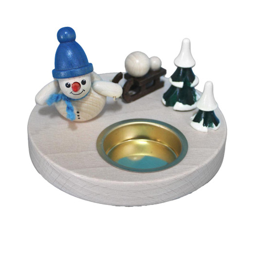 Sledding Snowman in Blue Hat - Tealight Candleholder