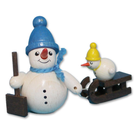 Snowman pulling Child on Sled | 2 Inces Tall – Christmas ornament by Holzwaren Egermann